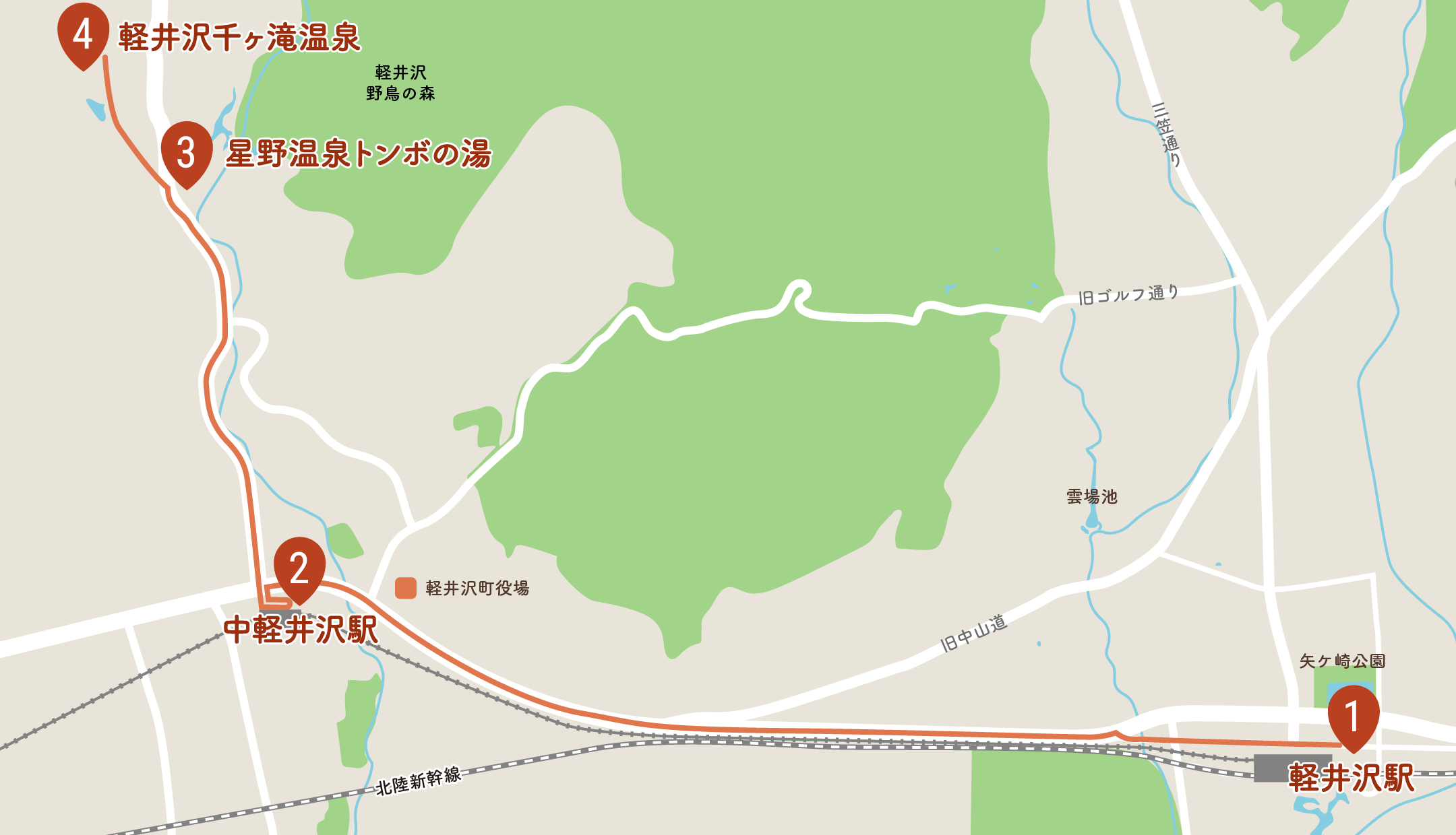 軽井沢駅から中軽井沢駅、星野温泉トンボの湯、軽井沢千ヶ滝温泉を結ぶ実証運行ルート